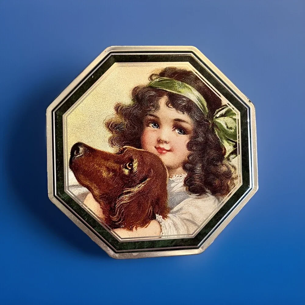 1990’s Era Victorian Print Girl with Dogs Octagon Cookie Tin Gold Interior